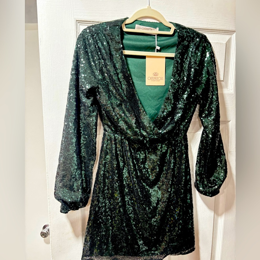 Outrageous Fortune V neck Sequined Party mini wrap dress emerald green